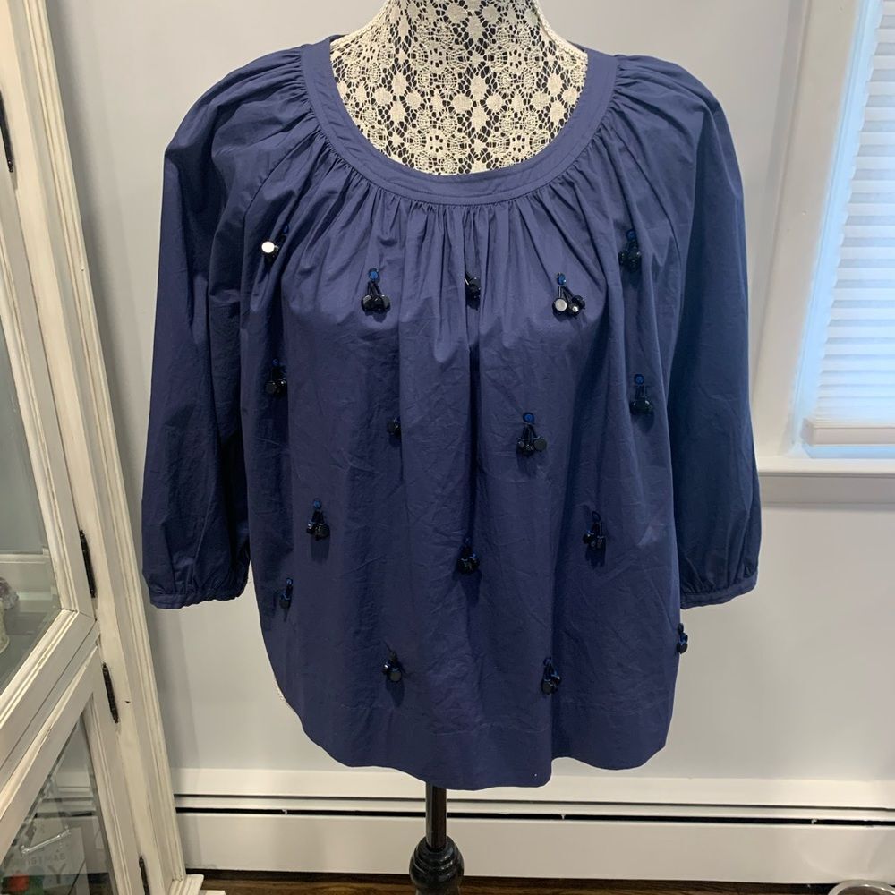 J. Crew Blue Blouse with Elegant Beading 3/4 Sleeves